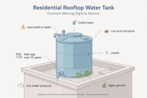 Diagram of common warning signs for when to replace water tank UAE — leaks, rust, cracks, bad smell