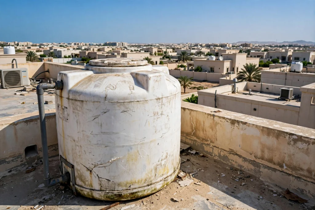 When to replace water tank UAE — rooftop water tank showing its age