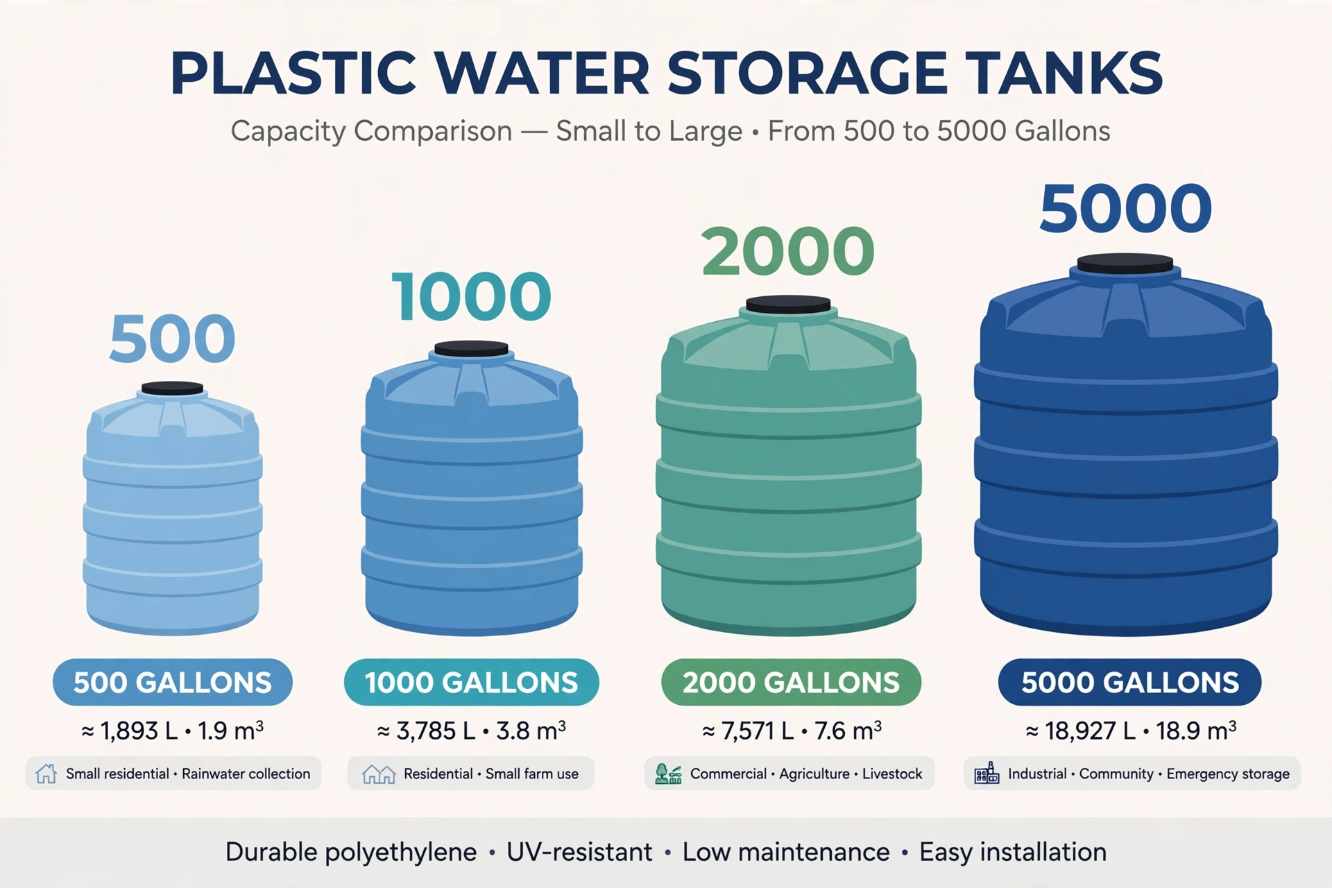 Water tank sizes comparison 500 to 5000 gallons Abu Dhabi